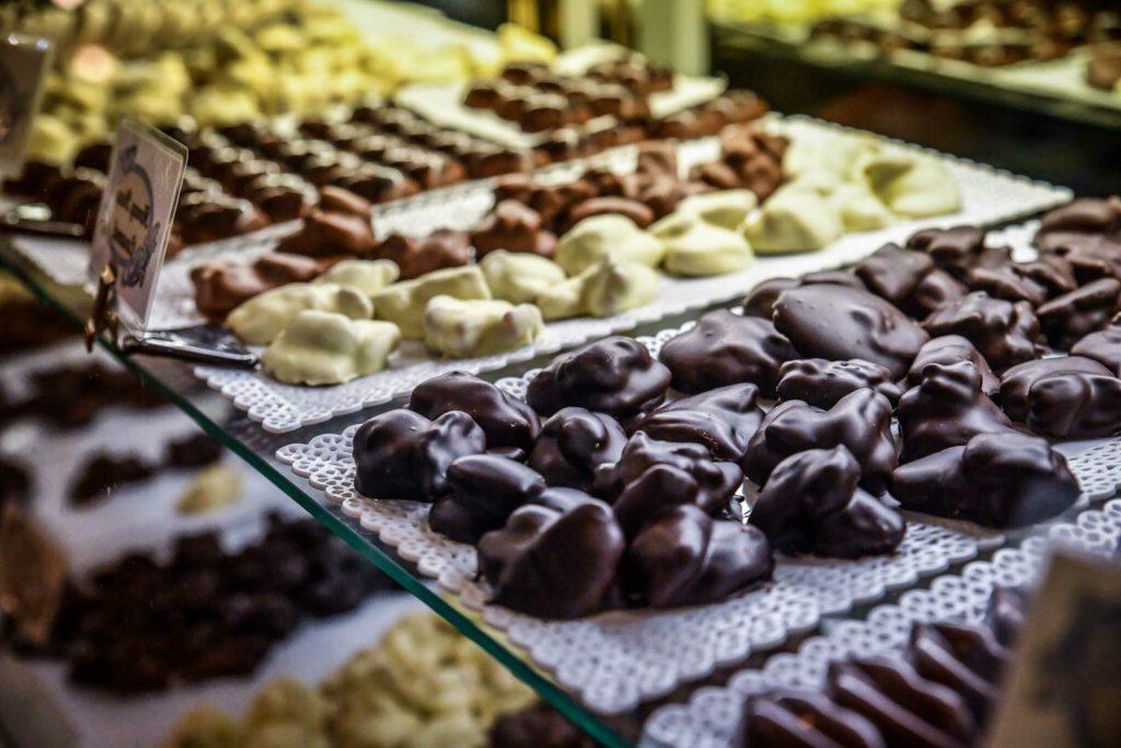 chocolates on display in a case